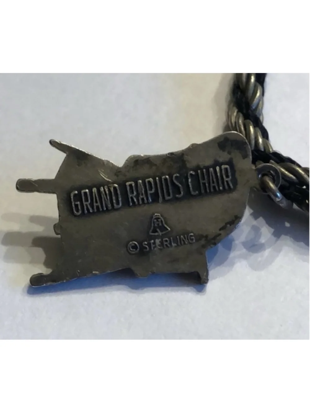 Sterling Silver Grand Rapids Chair Vintage Pendant Silver Tone & Black Chain